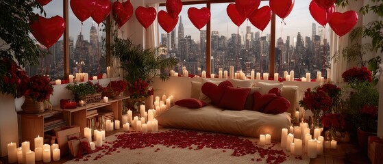Fototapeta premium Rooftop terrace with romantic setup for Valentine's Day celebration featuring city lights and heart-shaped decorations