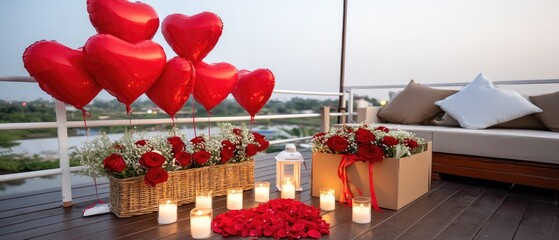 Fototapeta premium Rooftop terrace with city lights and decorations for Valentine's Day featuring balloons, flowers, and candles during dusk