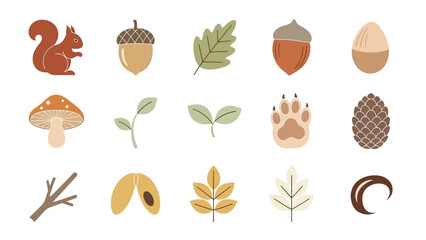A charming collection of flat vector illustrations showcasing various autumn forest elements, including a squirrel, acorns, leaves, mushrooms, and a paw print. © GJ