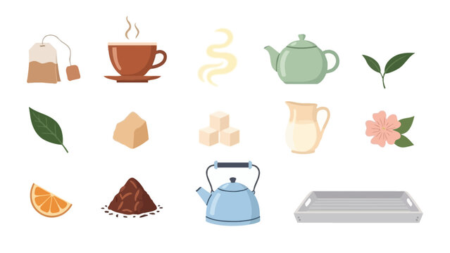 Tea and Coffee Flat Icon Set with Kettle, Cup and Ingredients