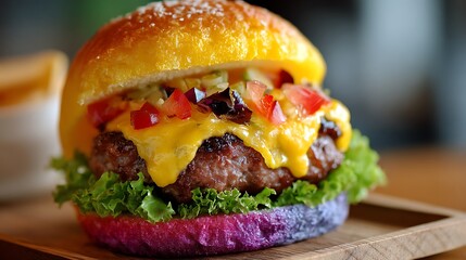 Close Up Colorful Cheeseburger With Lettuce And Tomato.