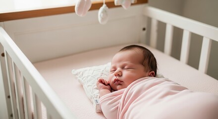 Newborn baby girl sleeping peacefully on a white pillow in a crib with mobile.