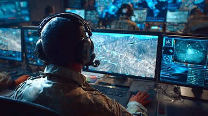 Military soldier operating multiple tactical command screens.