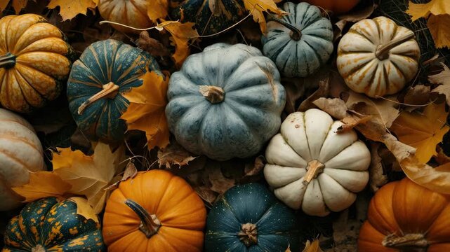 Brightly colored pumpkins and gourds lay on a bed of fall leaves, ready for harvest or decoration.