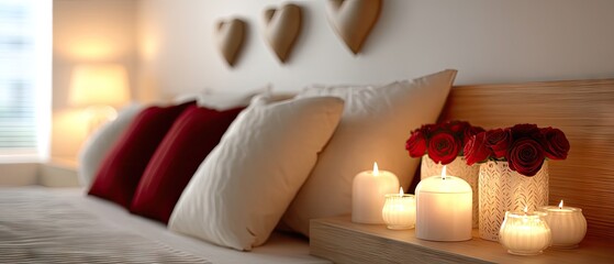 Valentines day bedroom with red roses candles and heart decorations in warm colors creating a romantic atmosphere