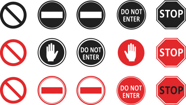 Set of black and red stop signs icons isolated on transparent background