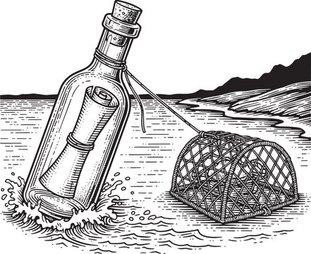 Engraved illustration featuring a message in a bottle connected
