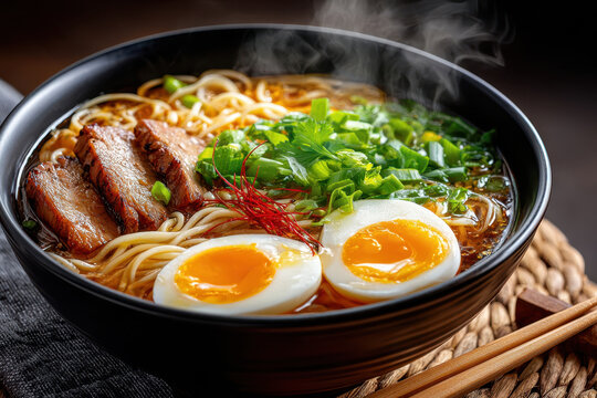 Steaming hot bowl of ramen noodles with pork and eggs