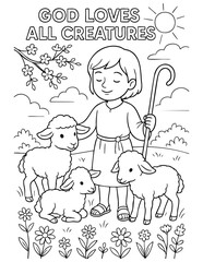 spring christian coloring page vector of a child shepherd with three lambs in a peaceful meadow scene with flowers and sunshine, illustration for kids ministry and sunday school