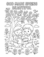spring christian coloring page vector of two kids reading the bible under a blooming tree in a peaceful spring scene, illustration for kids ministry and sunday school