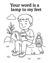 christian coloring page illustration showing a boy reading the bible with a lamp symbolizing gods word perfect for kids bible study sunday school lessons church activities homeschool learning