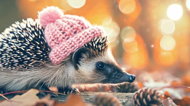 A cute hedgehog wearing a pink knitted hat, surrounded by autumn leaves and pine cones.