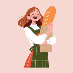 Happy young woman holding a fresh baguette in a paper bag. Cheerful bakery or cooking themed vector illustration isolated on a pink background. Perfect for food, baking, culinary, or lifestyle themes.