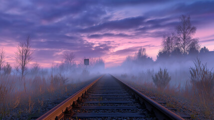 Deserted railway tracks at twilight with glowing mist rising from the ground