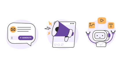 Content creation with AI. Modern technology for writing emails,  promotion, and content creation. Vector illustrations in flat style isolated on a white background.