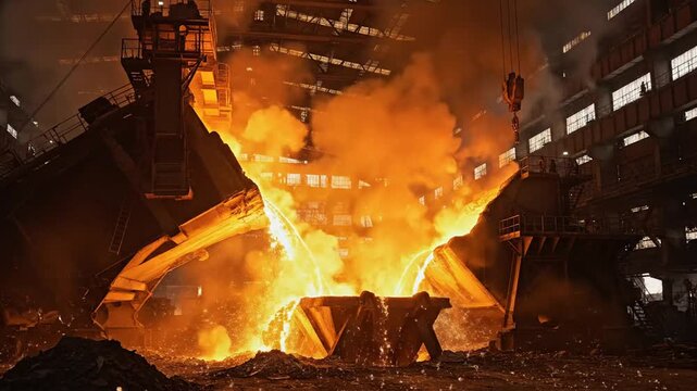 Intense molten metal forge fires orange blaze as towering gear spews sparks and heat. Heavy roar!!!!
