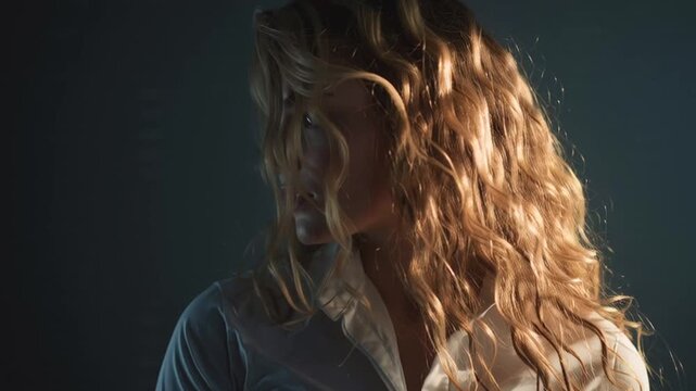 Blonde curls frame a womans shadowed face