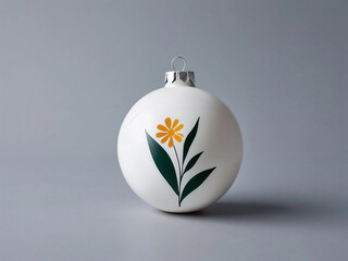 A single white bauble adorned with a stylized yellow daisy and dark green foliage, set against a neutral grey background