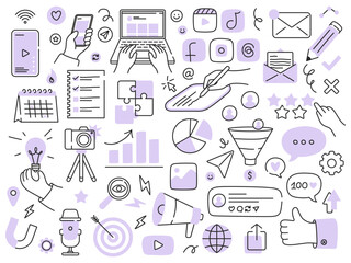 Social media and content creation icons set. Suitable for digital marketing and online communication. Vector linear illustrations isolated on a white background.