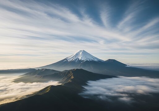 Majestic snowcapped mountain peak emerges from a sea of clouds at sunrise, with dramatic sky - Powered by Adobe