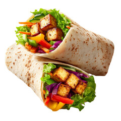Two delicious stacked wraps (burritos) cut in half, filled with crispy, golden tofu cubes, cabbage, carrots, and colorful bell peppers. A healthy, plant-based, high-protein lunch or dinner.
