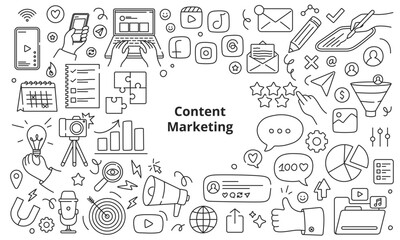 Content marketing concept. Suitable for social media and digital marketing. Vector linear illustrations isolated on a white background.