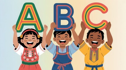 Three happy diverse children hold up large colorful ABC blocks suitable for educational advertising.