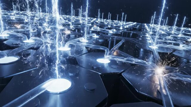 Abstract visualization of blue electrical current flowing across a complex network of interlinked battery power cells during a high-capacity charging cycle efficiency, connection, transfer