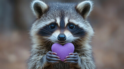 Raccoon holding a delicate purple heart representing love, affection, and care, showcasing wildlife charm and emotional connection for Valentine's Day