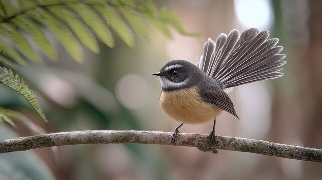 Fantail bird perched on thin branch with fanned tail in nature  