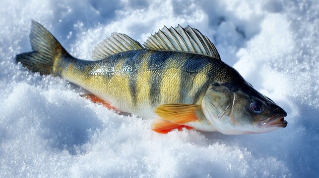 Freshly caught perch lying on snow with visible breath vapor  
