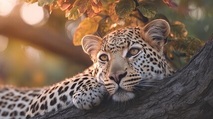 Leopard resting on tree branch in warm evening light  