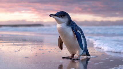Little blue penguin walking along the wet sand at dawn by the sea