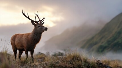 Red deer stag standing in misty landscape at sunrise with mountains  