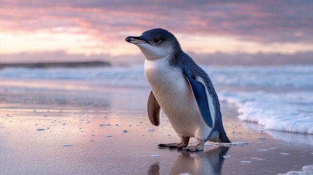 Little blue penguin walking along the wet sand at dawn by the sea  
