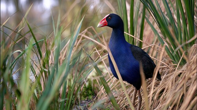 Pukeko bird standing in wetlands among tall reeds and grasses  