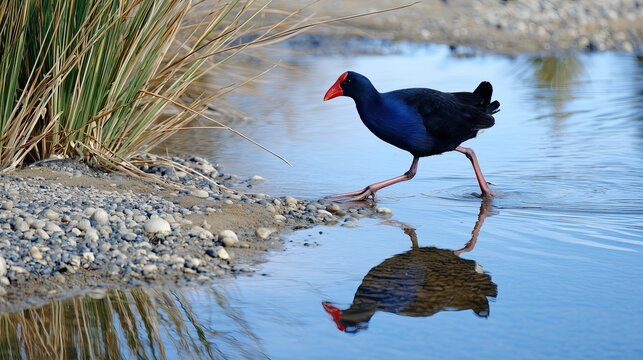 Pukeko bird walking along shallow water with reflection in nature  