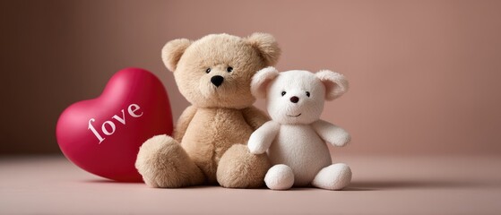 Cute teddy bear and plush santa claus sit together with heart balloon on pink background for love concept and valentines day card or banner template