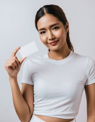 Beautiful Asian Woman Holding Blank Business Card Mockup