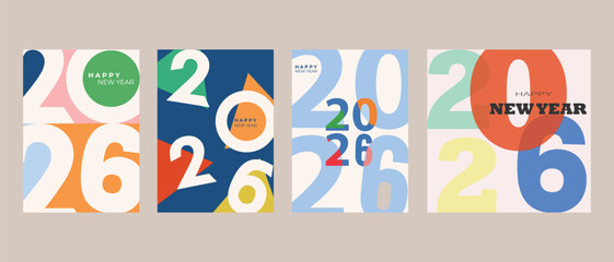New Year 2026 logo design template set with numbers in blue, red, green, yellow and pastel colors. Elegant minimalist vector illustration for calendar, invitation, greeting card, banner, poster.