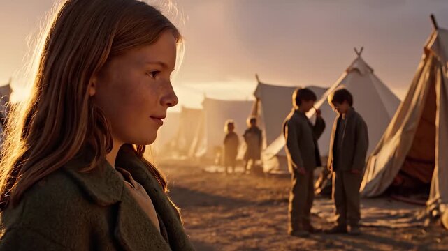 Girl stands in refugee camp at sunset with tents nearby. Children walk between refugee tents at golden hour. Girl observes camp life with tents. Sunset illuminates refugee settlement area.