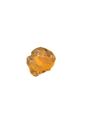 Natural amber resin stone macro showing golden translucent fossilized tree sap texture isolated minimal composition on white background