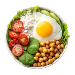 a nutritious power bowl featuring seasoned chickpeas, fresh tomatoes, crumbled feta cheese, and a sunny-side-up fried egg. Perfect for post-workout recovery meal, or high-protein clean eating concept