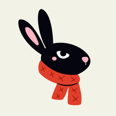 Cute Minimalist Cartoon Black Rabbit Portrait Wearing Red Winter Scarf.