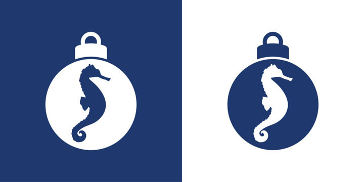 Logo nautical. Silueta de bola de navidad con caballo de mar para tarjetas y felicitaciones de Navidad 