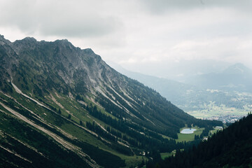 Panoramic View of High Mountains During a Summer Hike, Sunny Alpine Landscape and Outdoor Adventure Concept