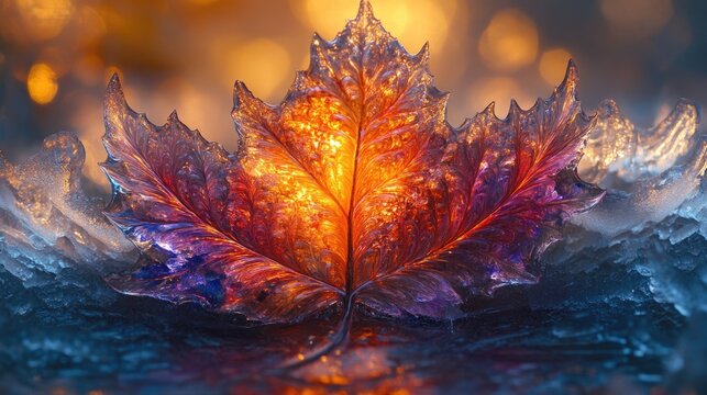 Close-up of a maple leaf frozen in a puddle, with intricate ice patterns and autumn colors shining through