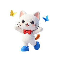 Obraz premium Cute Animated Cat with Red Bow Tie and Butterflies
