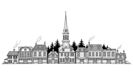 Fototapeta premium Black and White Illustration of Small Town with Church and Buildings