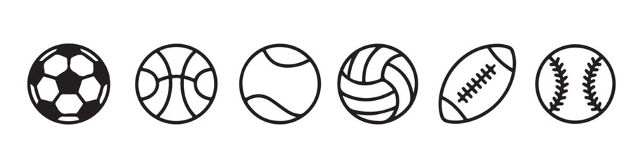 Obraz premium Set of sport balls in black and outline style isolated on white background flat design vector illustration
